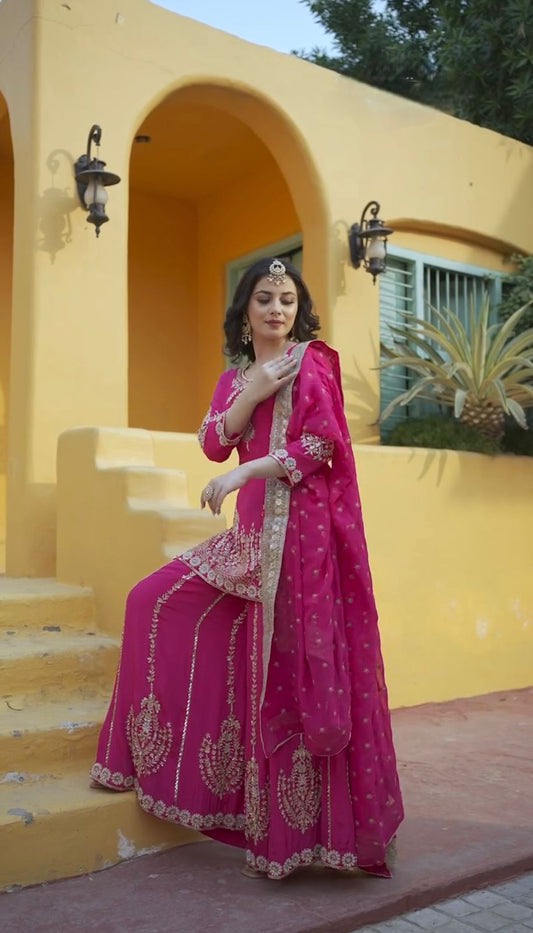 Awesome Chinon Silk Pink Color Sharara Suit