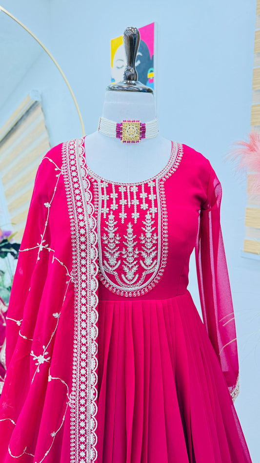Wonderful Georgette Embroidery Work Pink Color Gown