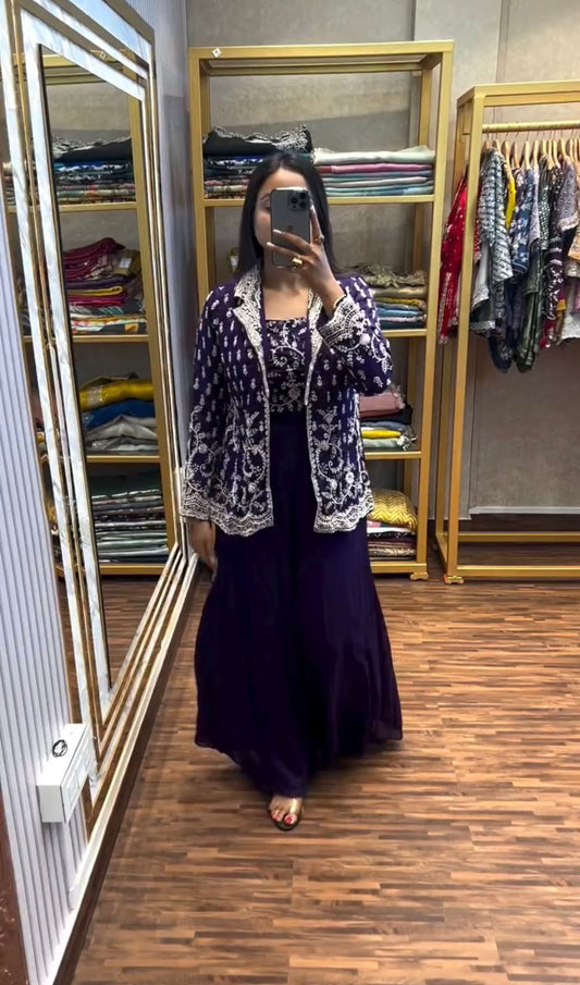 Glimmering Heavy Work Purple Color Palazzo Suit With Koti