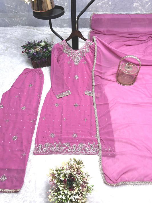 Elegant Embroidery Work Pink Color Palazzo Suit
