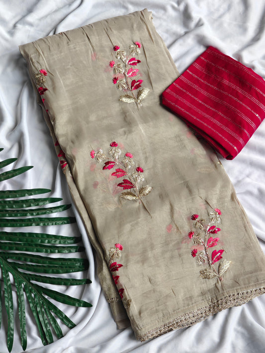 Exclusive Beige Embroidery Work Silk Saree