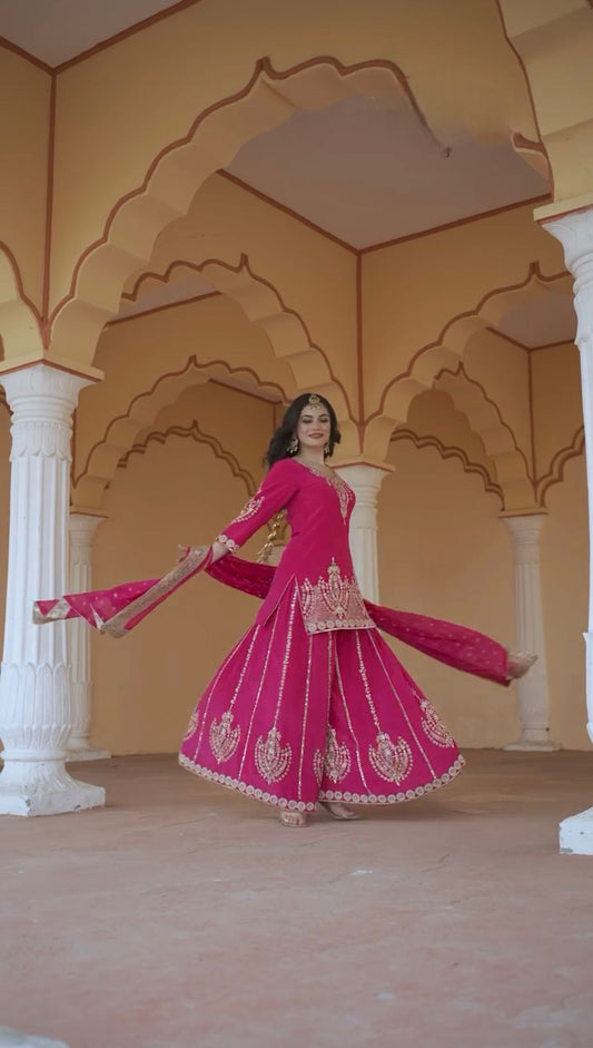 Awesome Chinon Silk Pink Color Sharara Suit