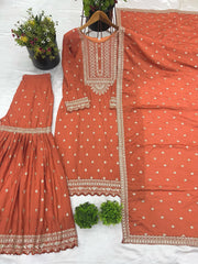 Delightful Chinon Silk Orange Color Sharara Suit Delightful Chinon Silk Orange Color Sharara Suit