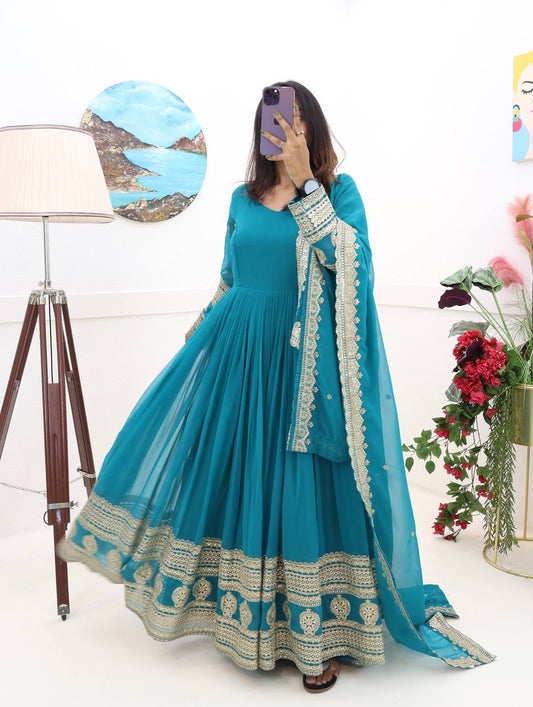 Demanding Georgette Embroidery Work Sky Blue Color Gown