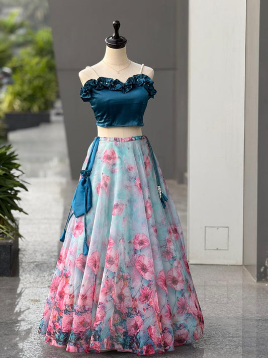 Exclusive Blue Satin with Digital Print Work Lehenga Choli
