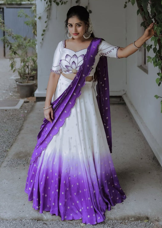 Beautiful Digital Print White & Purple Color Lehenga Choli