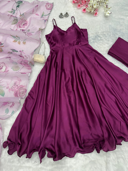 Party Wear Wine Color Satin Silk Plain Long Anarkali Suit