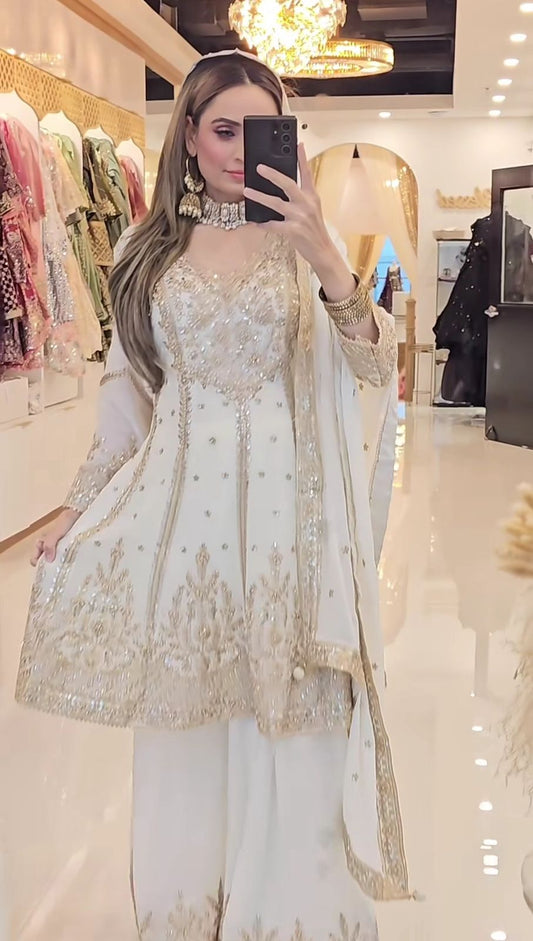 Ravishing Heavy Work White Color Sharara Suit