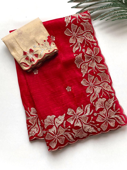 Festive Wear Red Color Flower Embroidery Silk Saree