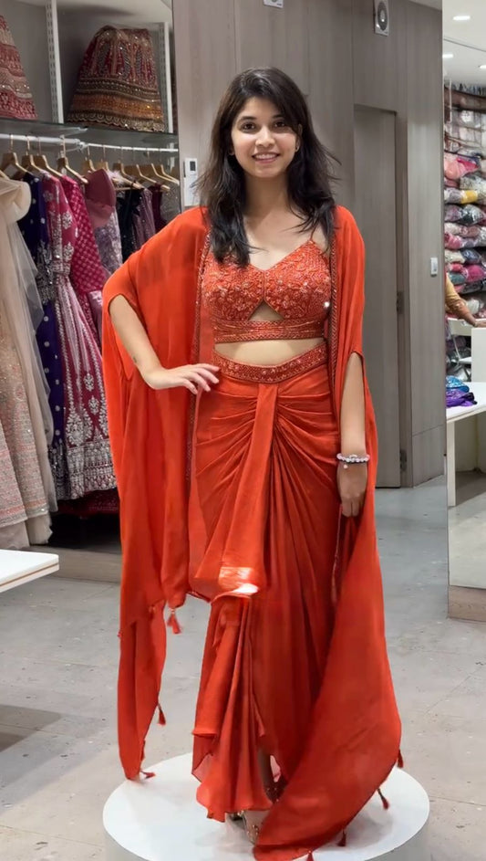 Good Looking Orange Color Dhoti Suit With Shrug