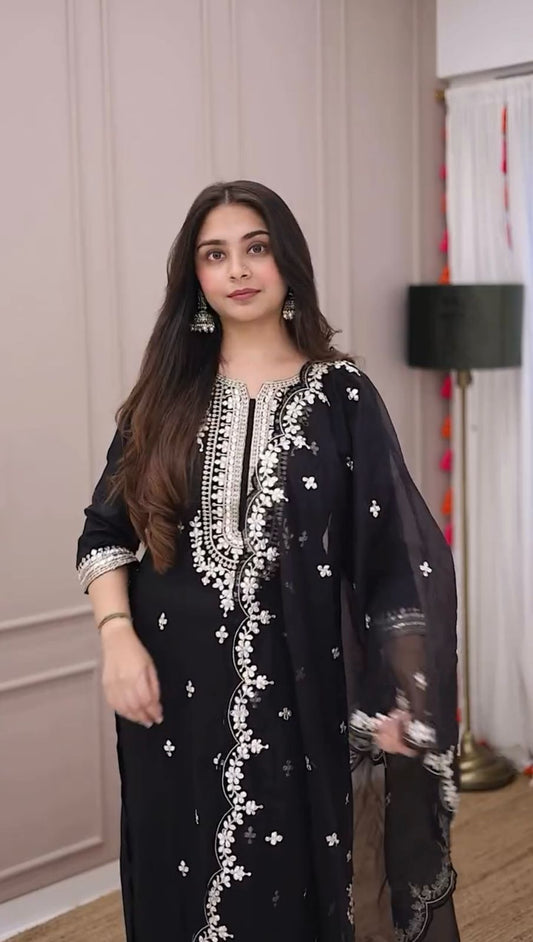 Glorious Embroidery Work Black Color Salwar Suit
