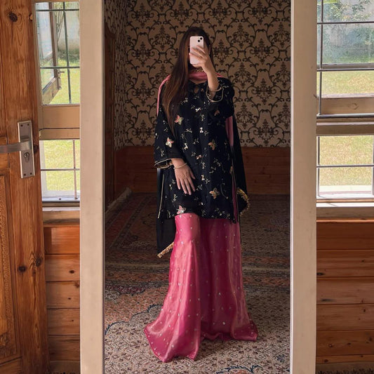 Stylish Black Crushi Silk Sequence Work Sharara Suit