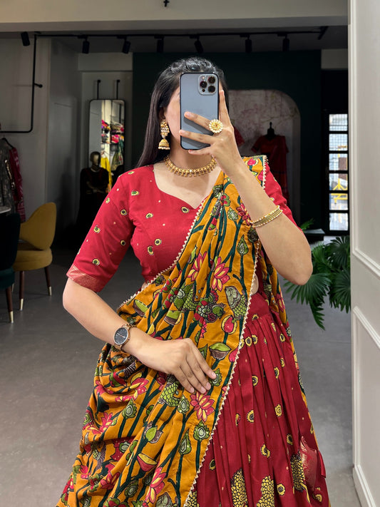 Festive Wear Kalamkari Print Red Color Festive Wear Lehenga Choli