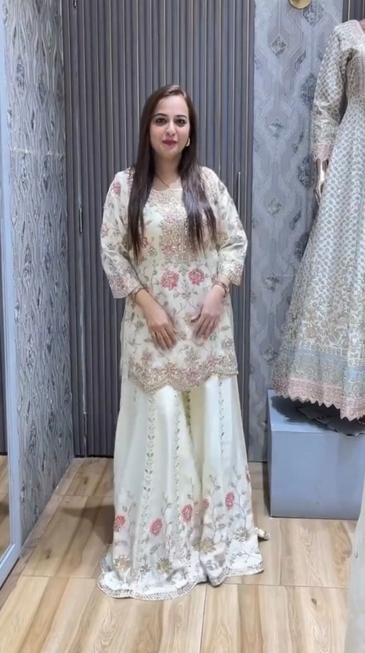 Demanding Sequence And Thread Work White Color Sharara suit