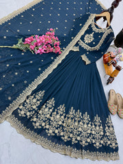 Glimmering Embroidery Work Long Teal Green Color Gown Glimmering Embroidery Work Long Teal Green Color Gown