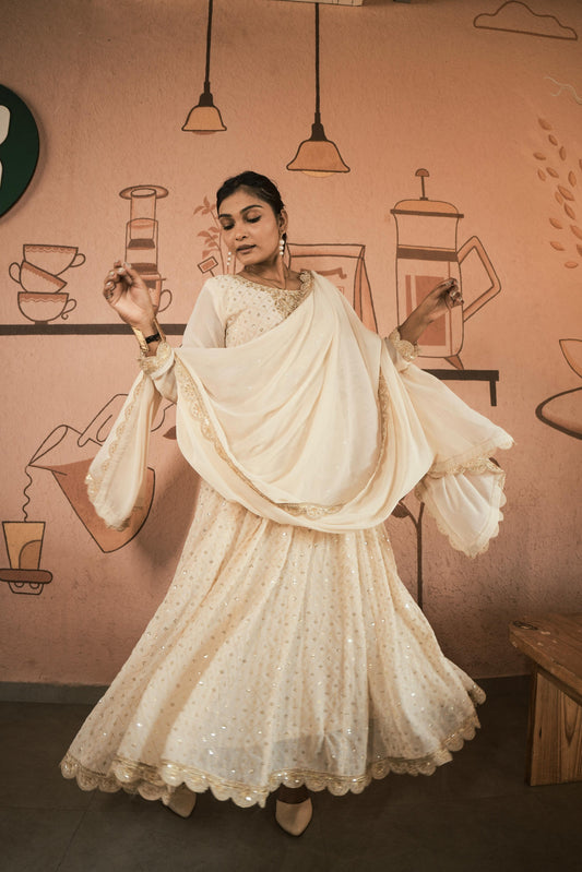 Gorgeous White Georgette Embroidery Work Gown