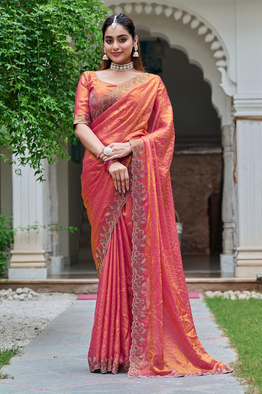Marvelous Red Diamond Work Silk Saree