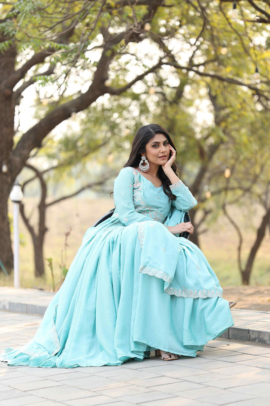 Ravishing Chinon Silk Sky Blue Color Gown