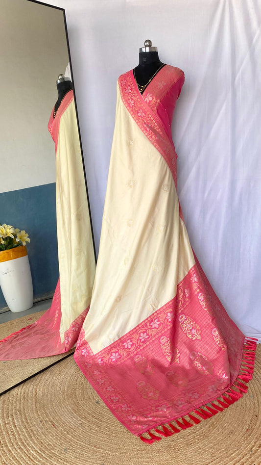 Flattering Tone Silk Zari Weaves Off White Color Saree
