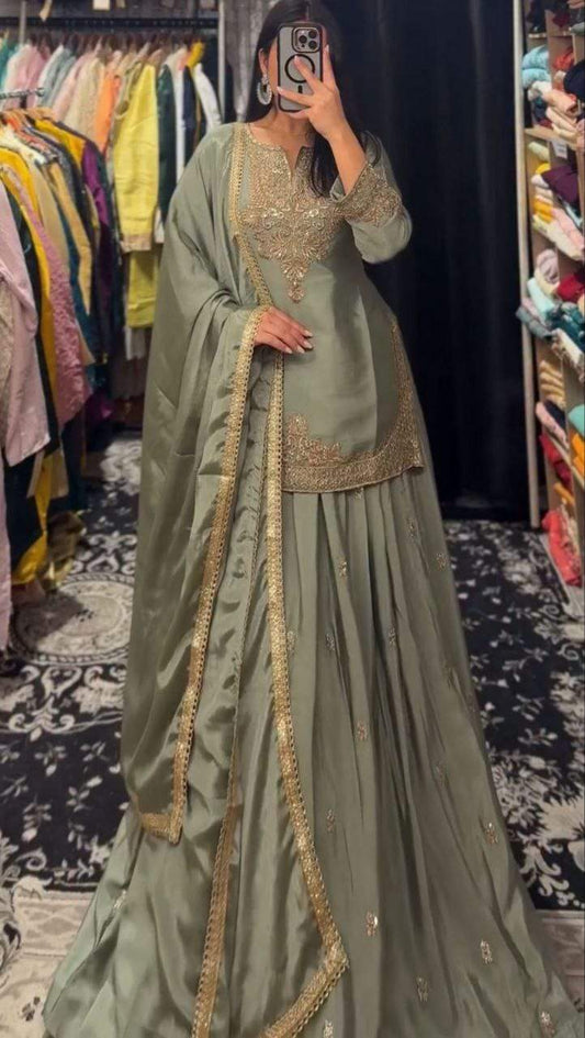 Gorgeous Pink Chinon Silk Sequence Work Top With Lehenga