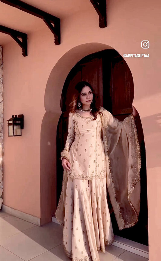 Stunning Embroidery Work Beige Color Sharara Suit