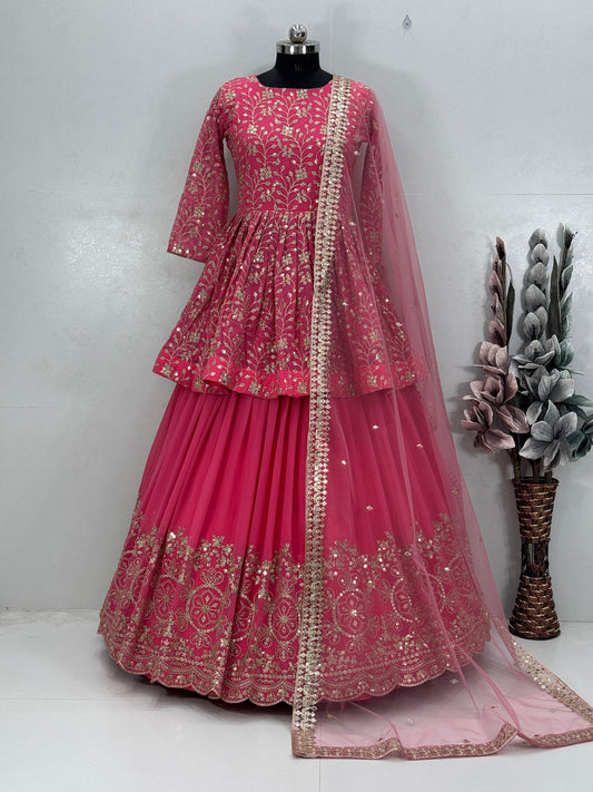 Ravishing Embroidery Work Pink Color Top With Lehenga