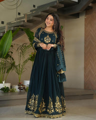 Glimmering Embroidery Work Long Teal Green Color Gown Glimmering Embroidery Work Long Teal Green Color Gown