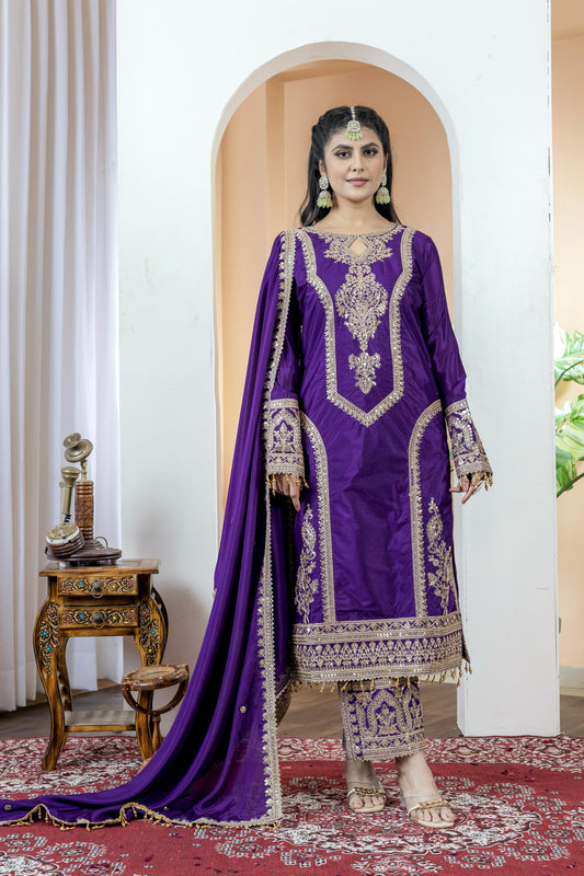 Imposing Chinon Silk Purple Color Top With Plazzo