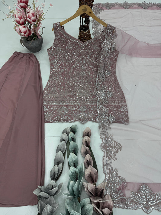 Elegance Onion Color Embroidered Festive Sharara Suit