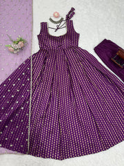 Designer Jacquard Silk Purple Color Gown With Dupatta Designer Jacquard Silk Purple Color Gown With Dupatta