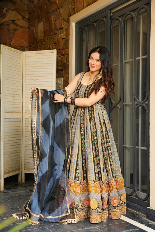 Stylish Multi Color Organza Digital Work Gown