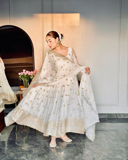 Adorable Chinon Silk White Color Sequence Work Gown
