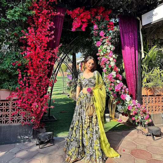Captivating Chinon Silk Green Color Flower Print Lehenga Choli