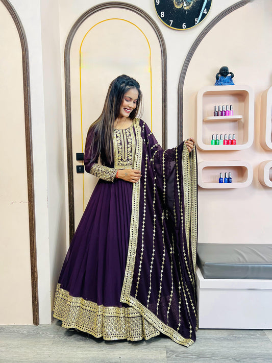 Designer Sequence Work Long Wine Gown WIth Dupatta