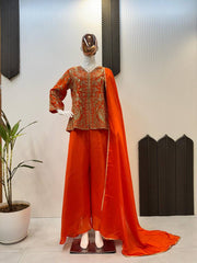 Occasion Wear Chinon Embroidery Work Orange Color Sharara Suit Occasion Wear Chinon Embroidery Work Orange Color Sharara Suit