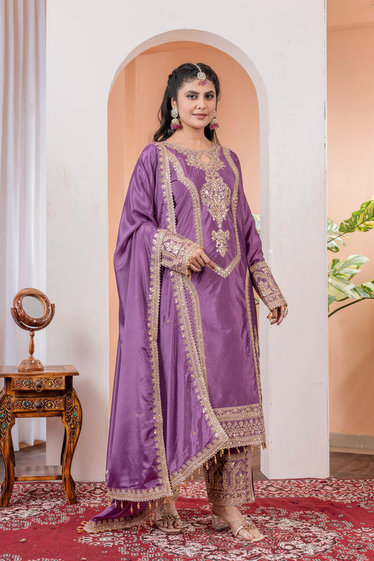 Imposing Chinon Silk Lavender Color Top With Plazzo