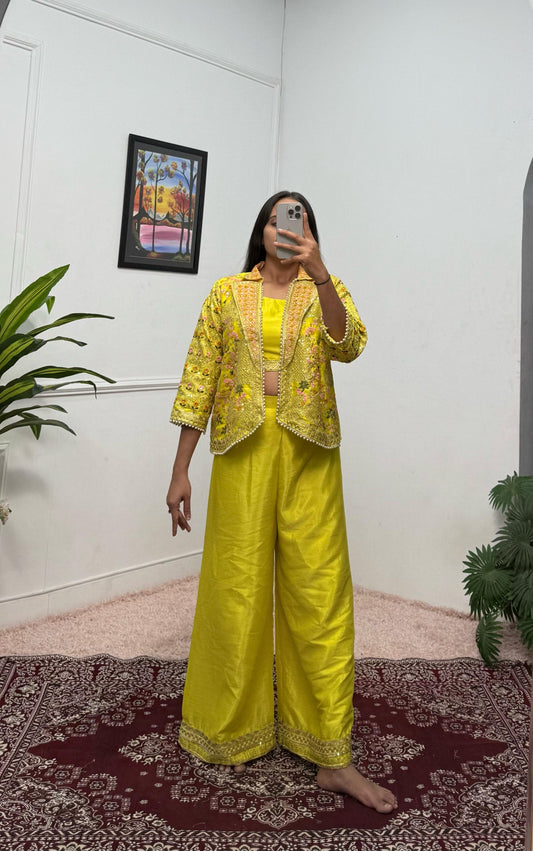 Admiring Embroidery Work Lemon Color Palazzo Top With Koti