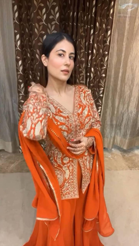 Occasion Wear Chinon Embroidery Work Orange Color Sharara Suit
