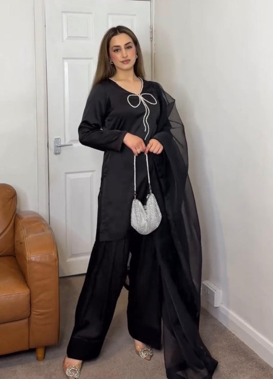 Stunning Sequence Work Black Color Palazzo Suit