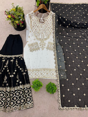 Exclusive Heavy Work White Color Suit Black Sharara Exclusive Heavy Work White Color Suit Black Sharara