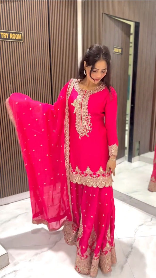 Gorgeous Embroidery Work Pink Color Sharara Suit