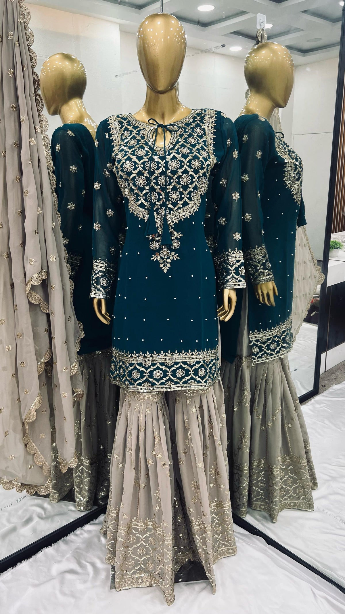 Precious Embroidery Sequence Work Teal Blue Color Sharara Suit