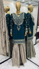 Precious Embroidery Sequence Work Teal Blue Color Sharara Suit Precious Embroidery Sequence Work Teal Blue Color Sharara Suit