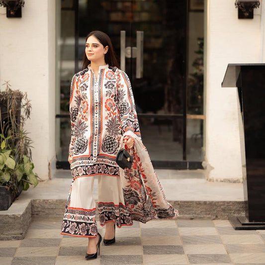 Fully Stitched Cream Color Digital Printed Palazzo Suit