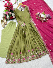 Rangoli Silk Mehndi Color Decent Gown With Pink Dupatta Rangoli Silk Mehndi Color Decent Gown With Pink Dupatta