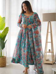 Luxuriant Sky Blue Color Organza Silk Anarkali Suit Luxuriant Sky Blue Color Organza Silk Anarkali Suit