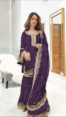 Mesmerizing Embroidery Work Wine Color Sharara Suit Mesmerizing Embroidery Work Wine Color Sharara Suit