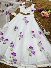 Glorious White Color Digital Print Organza Lehenga Choli Glorious White Color Digital Print Organza Lehenga Choli