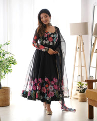 Multi Flower Print Black Color Anarkali Suit Multi Flower Print Black Color Anarkali Suit