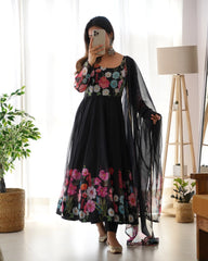 Multi Flower Print Black Color Anarkali Suit Multi Flower Print Black Color Anarkali Suit